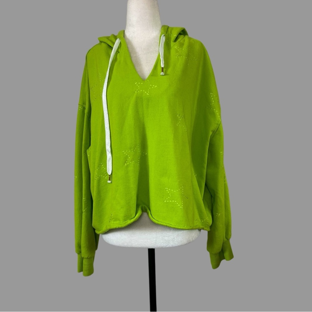 ❤️ L ❤️ Lime Green Hoodie Embroidered Stars Cropped Drawstring